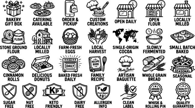 Black line bakery packaging large symbols set, handmade, fresh baked, organic ingredients and allergen info icons isolated on white background