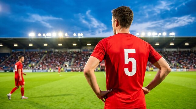 Soccer player number 5 standing on field with hands on hips