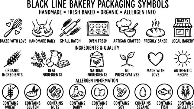 Black line bakery packaging large symbols set, handmade, fresh baked, organic ingredients and allergen info icons isolated on white background