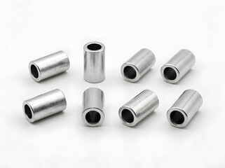 Fototapeta premium Machined Aluminum Spacers Scattered on White Background with Soft Studio Lighting