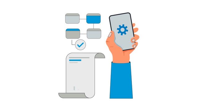 Mobile App Workflow Illustration: A hand holds a smartphone displaying a gear icon, symbolizing app settings, next to a flow chart diagram and a checklist.