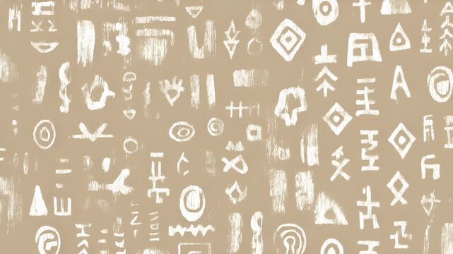 Maya Aztec civilization, Mexico culture. Mysterious, fantasy. A collection of handdrawn symbols, predominantly white, on a beige background. The symbols vary in size and shape.