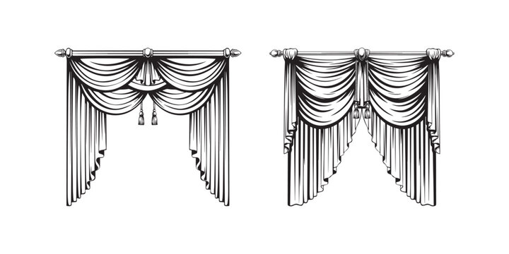 Beautiful set of decorative window dressing designs featuring intricate swags and elegant fringed tassels for luxury interior spaces