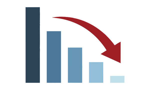 Minimalist business icon of a declining bar graph and a downward sweeping arrow isolated on white. Financial loss and recession concept