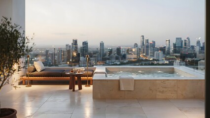 Naklejka premium Modern rooftop terrace overlooking city skyline with hot tub and lounge area