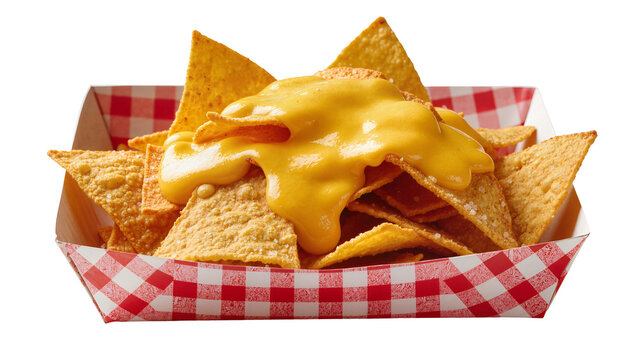 Corn tortilla chips with melted cheese sauce in red checkered paper tray