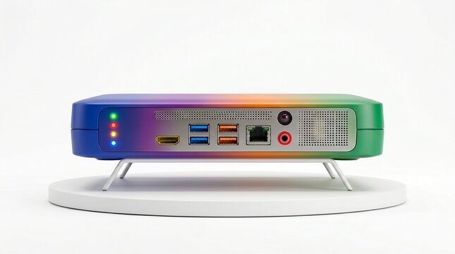 Modern compact mini pc with rainbow gradient casing isolated on white background