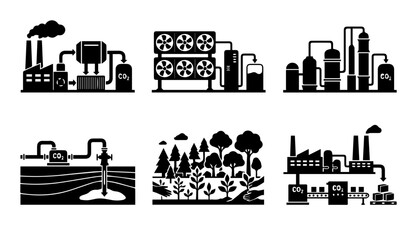 Obraz premium 6 Industrial Process Icons, CO2 capture and storage, factory, nature, energy production, outline solid styles, UI and web interface design