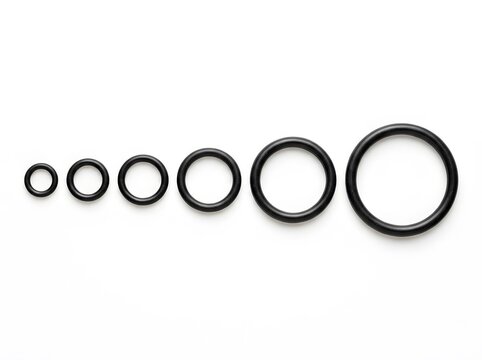 Various size rubber O-rings arranged in a row against a clean white background with soft studio lighting