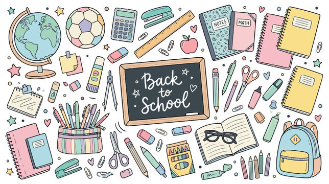 Colorful back to school illustration with educational supplies and accessories