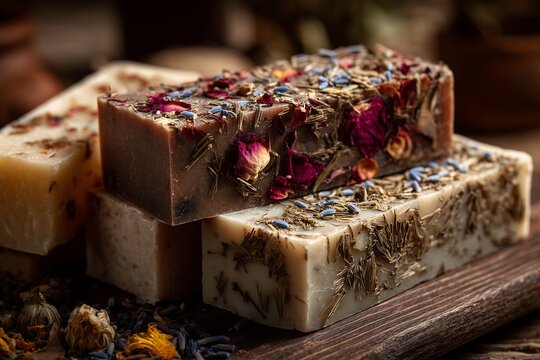 Stacked handmade herbal soap bars with dried rose petals and lavender