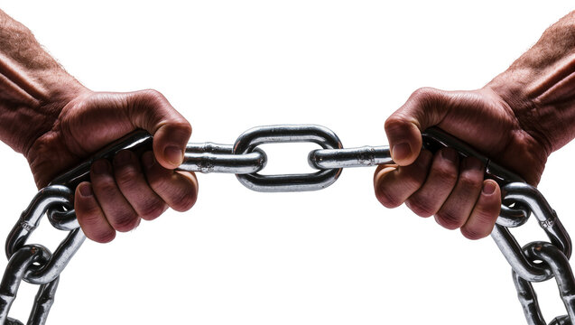 Muscular hands gripping heavy metal chain links