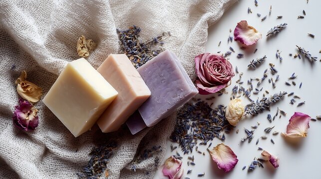 Three pastel handmade soap bars with dried flowers on white background