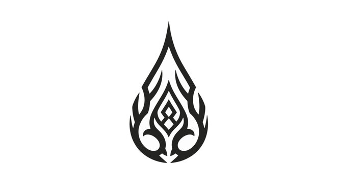 Black tribal teardrop insignia featuring symmetrical curved line art and a central geometric diamond motif, isolated on white background for graphic design and tattoo inspiration.