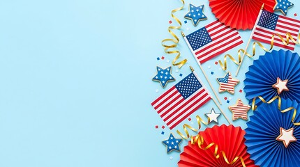 Fototapeta premium Patriotic Independence Day Festive Decorations on a Solid Blue Background