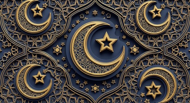 Intricate islamic crescent moon and star pattern with gold accents on dark blue background