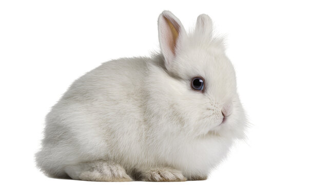 Fluffy white dwarf rabbit with blue eyes, isolated on transparent background