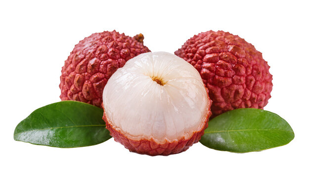 Whole and peeled lychee fruits with green leaves, isolated on transparent background