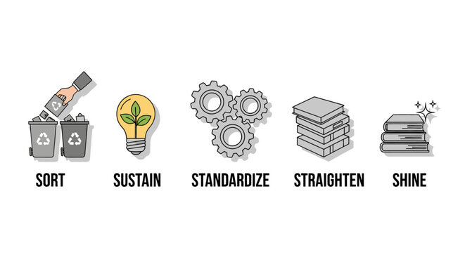 Infographic showcasing the 5S methodology&mdash;Sort, Sustain, Standardize, Straighten, and Shine&mdash;using icons to represent lean manufacturing, organizational efficiency, and workplace productivity principle