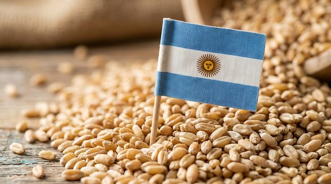 Argentina Flag Planted in a Pile of Wheat Grains for Agricultural Export Concept