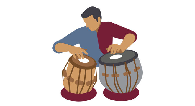 Man playing traditional Indian tabla drums with focus.