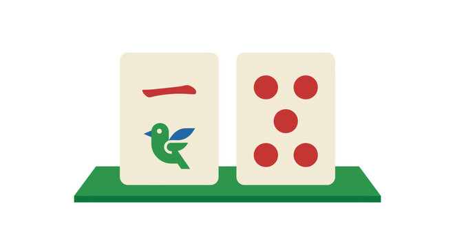 Mahjong tiles with bird and red symbols on green base.