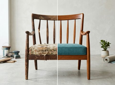 Wooden armchair before and after upholstery restoration. Comparison of old damaged furniture and antique chair renovated with new blue fabric. Concept of home improvement and handmade craft.