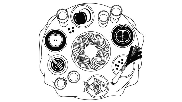 Line art illustration of a Rosh Hashanah dinner table with traditional holiday foods like challah bread, apples, honey, and pomegranate, representing Jewish New Year traditions and celebration.