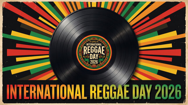 International Reggae Day 2026 Vinyl Record with Colorful Sound Rays for Festival Poster Banner Design