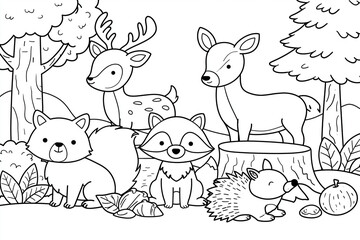 Fototapeta premium Woodland creatures gather near a fallen tree stump. Deer, fox, raccoon, hedgehog, and an apple complete the scene. Animals appear calm and curious