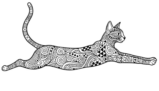 Detailed coloring page illustration of a running cat with complex zentangle patterns and mandala designs.