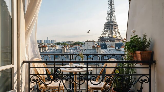 Scenic view of Paris cityscape with Eiffel Tower from balcony during daytime