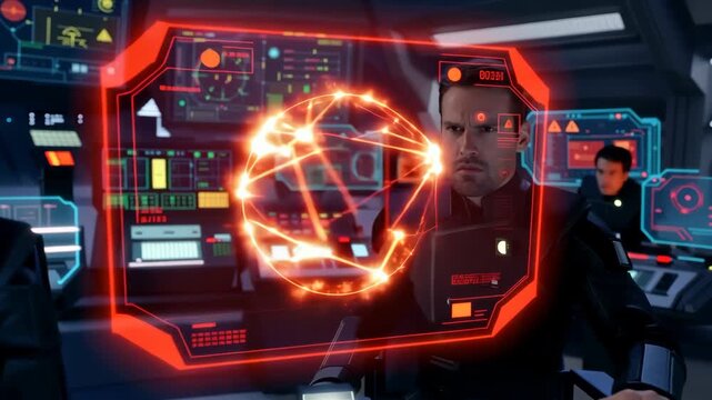 Futuristic control room with urgent alerts and high tech operators in suspenseful moment