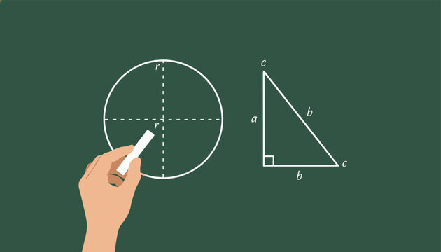 Human hand drawing a circle with radius and a right-angled triangle with white chalk on a green chalkboard.