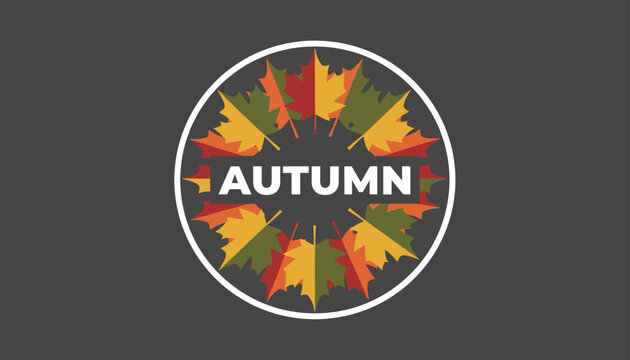 Elegant circular logo design featuring a wreath of colorful maple leaves with the word autumn in the center.