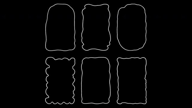 Alpha channel loopable 2D vintage frame animation. Isolated minimalist white line art icons borders with wavy edges. Chalk sketch with vibrating lines and wiggly doodle effect graphic overlay.