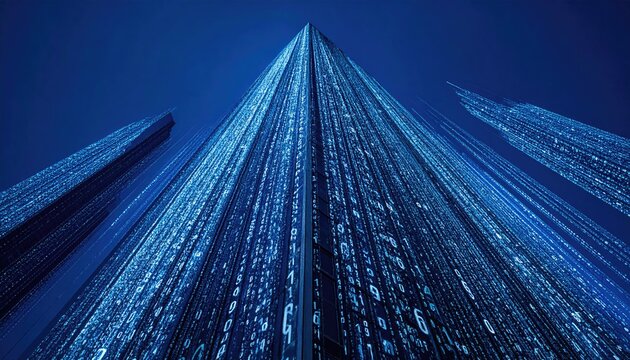 Ascending perspective of abstract structures formed by digital binary code cascading downward, with a cool blue hue