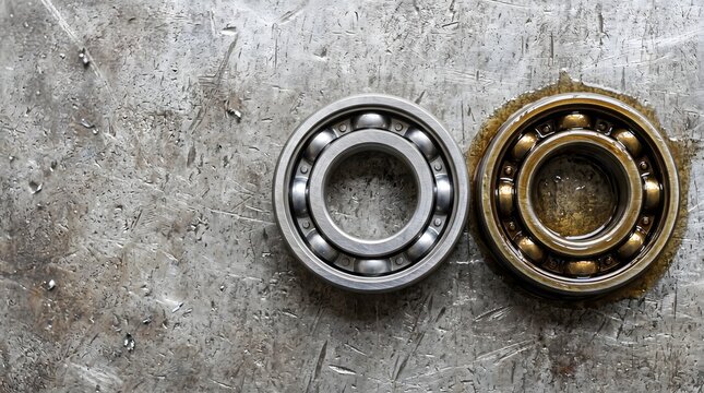 Ball bearing comparison, new versus old and worn, industrial mechanical part macro close-up, industrial detail, manufacturing background