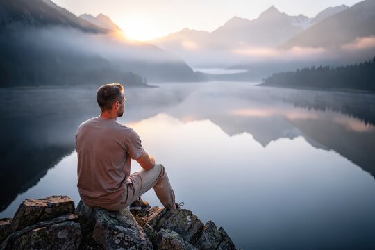 Serene Young Man Contemplating Peacefully by Misty Mountain Lake at Sunrise, Soft Golden Light Illuminating the Mist, Calm Reflective Water, Tranquil Atmosphere, Capturing Inner Peace and Reflection
