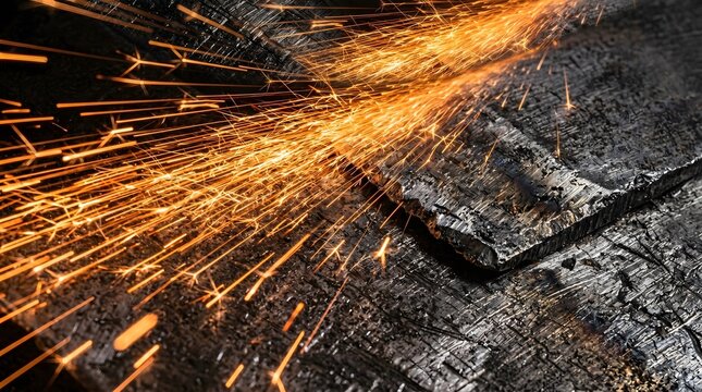 Metal cutting industrial process creating bright orange sparks and molten steel texture macro close-up, industrial detail, manufacturing background