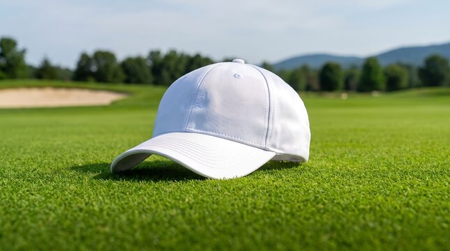 White baseball cap resting on green golf course fairway grass under sunny sky
