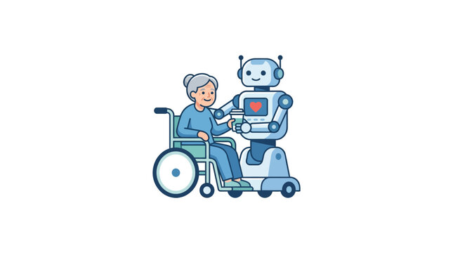 Caregiver robot assisting senior in wheelchair illustration.