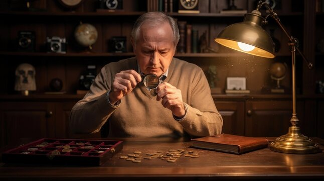 Elderly Man Intently Examining Vintage Coins Under Warm Lamp Light in Cozy Study, Surrounded by Antique Collectibles, Rich Wooden Tones, Capturing Passion for History and Detail