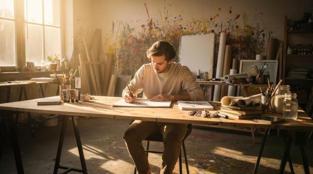 Focused Young Artist Sketching in Sunlit Studio Filled with Creative Clutter, Warm Afternoon Light Streaming Through Large Windows, Surrounded by Art Supplies and Colorful Paint Splatters, Capturing