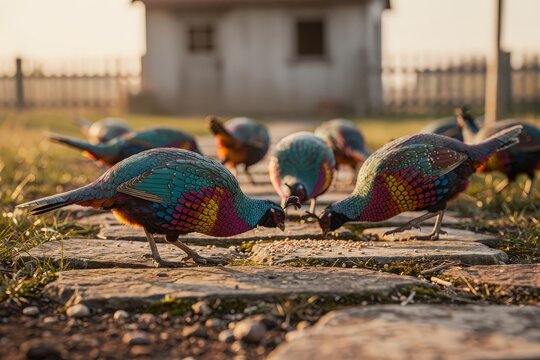 Vibrant Pheasants Feeding on Rustic Stone Path in Serene Countryside Setting, Warm Golden Hour Light, Rustic Fence and Outbuilding in Background, Rich Colorful Plumage, Capturing Tranquil Rural Life