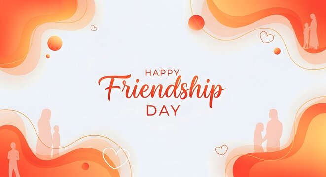 Happy friendship day illustration with silhouettes and abstract orange waves