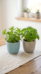 Fototapeta premium Potted mint and basil plants in light blue and gray ceramic pots on a wooden table with a soft fabric runner and natural light from a nearby window