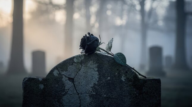 Somber Black Rose Resting on Weathered Tombstone in Misty Cemetery, Soft Morning Fog Creating Eerie Atmosphere, Dew-Drop Details on Petals, Muted Color Palette, Capturing Quiet Reflection and Loss