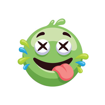 Glossy green emoticon character with black X-shaped eyes and pink tongue sticking out. Round silly monster face featuring green and blue liquid splashes, isolated on a white background.