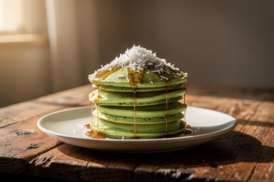 Delicious Stack of Matcha Pancakes with Maple Syrup Drizzle on Rustic Wooden Table, Soft Morning Light Streaming Through Window, Topped with Shredded Coconut, Capturing Wholesome Breakfast Indulgence